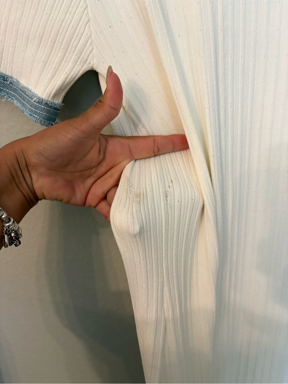 Sandro White Ribbed Knit Midi Dress with Denim Trim WITH FLAW - Picture 7 of 9